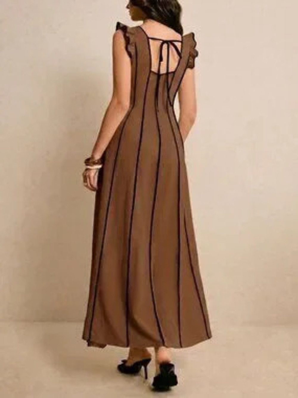Brown Casual Women's Sweetheart Neck Cap Sleeve Elegant Dress